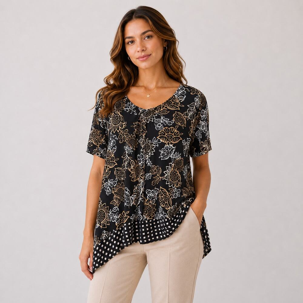 Susan Graver Liquid Knit Blouse Womens Sz 2X Black Floral Office Business Casual